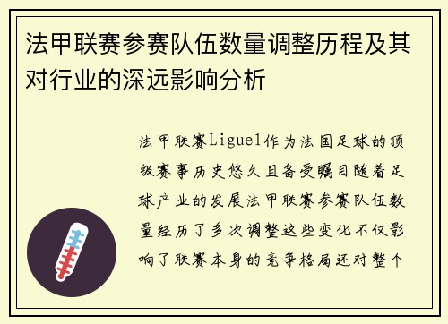 法甲联赛参赛队伍数量调整历程及其对行业的深远影响分析