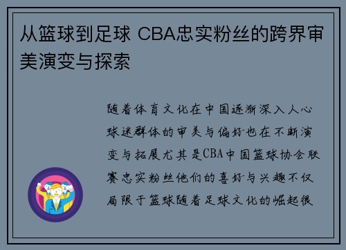 从篮球到足球 CBA忠实粉丝的跨界审美演变与探索