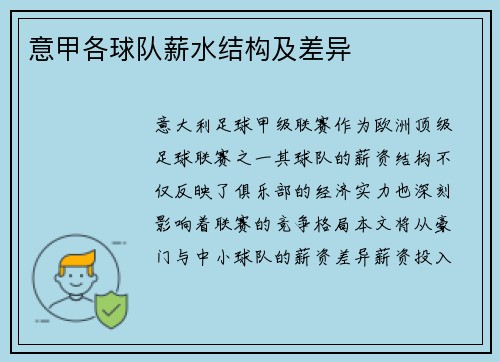 意甲各球队薪水结构及差异