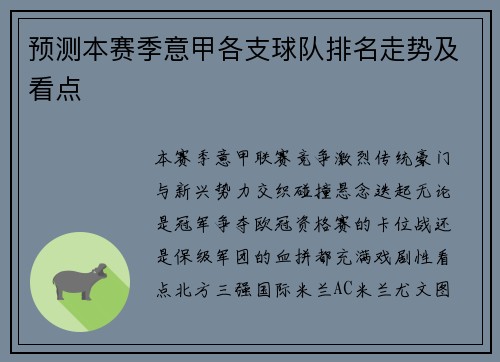 预测本赛季意甲各支球队排名走势及看点