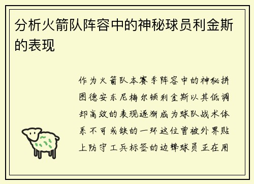 分析火箭队阵容中的神秘球员利金斯的表现