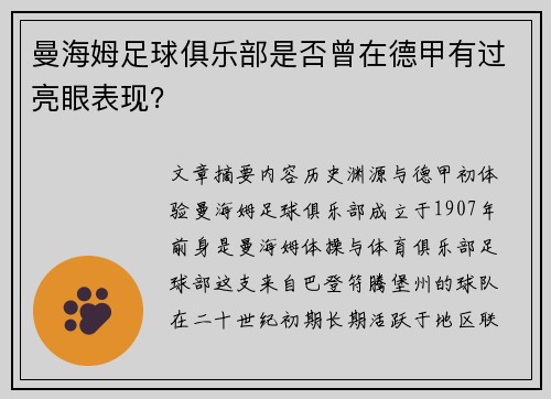 曼海姆足球俱乐部是否曾在德甲有过亮眼表现？