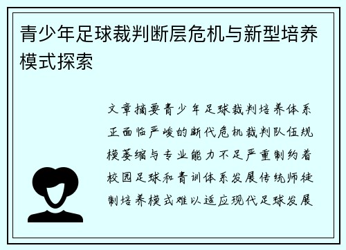 青少年足球裁判断层危机与新型培养模式探索